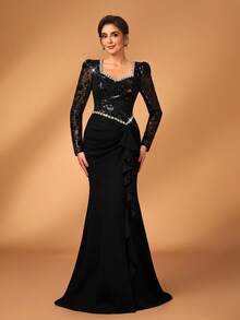 Serin Elegante y lujoso vestido de sirena con apliques florales de cuentas y lentejuelas, adecuado para bodas, fiestas, vacaciones, galas, despedidas de soltera, vestido de noche para la madre de la novia, Día de San Valentín - Negro - Ver 3