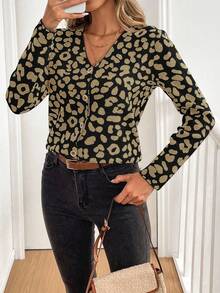 EMERY ROSE 女式豹纹长袖单排扣休闲针织开衫，秋冬 - 彩色 - 查看 5