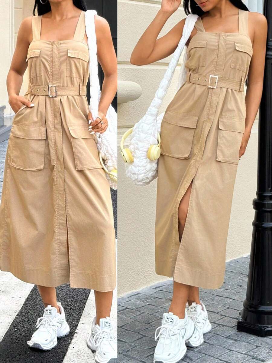Women's Casual Solid Color Cargo Pocket Denim Dress, Summer - Khaki - View 1