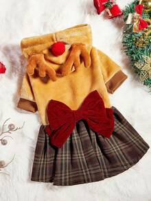 PETSIN 1 件宠物卡其色格子驯鹿服装连帽连衣裙，圣诞节 - 棕色 - 查看 10