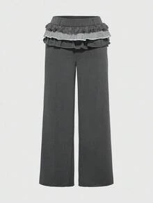 ROMWE 女式可爱腰部花朵分层阔腿裤，内配短裤 - 灰色 - 查看 1