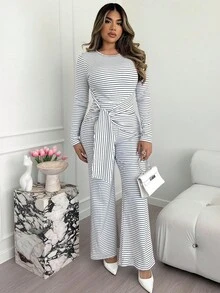 Xyvia Macacão longo feminino, listrado, justo, com cintura fina e dupla face, elegante e confortável para festas e uso diário, outono/inverno