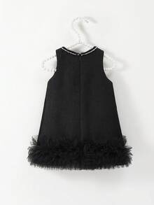 SHEIN Elladie kids 女婴优雅蝴蝶结 3D 花卉装饰无袖连衣裙，适合婚礼、派对、生日、度假、拍照、夏季 - 黑色 - 查看 2