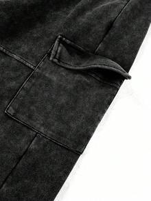 PAVTROS 男士休闲水洗工装运动裤，腰部抽绳，黑色工装牛仔裤，男士黑色工装裤，宽松工装裤，男士水洗黑色工装裤，男士黑色工装裤，宽松工装裤，休闲裤，宽松裤，运动裤，慢跑裤，宽松 - 黑色 - 查看 4