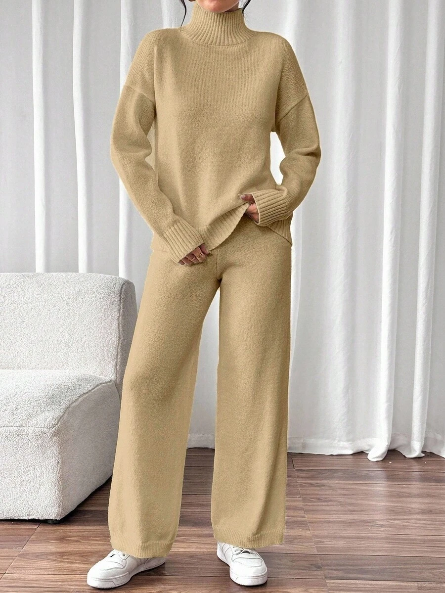 Chiquease Bộ 2 món áo len cổ đứng màu trơn thường ngày và quần dệt kim, mùa thu/đông - Màu Khaki - Xem 1