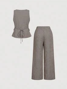 SHEIN MOD 大码格子西装套装、背心和裤子、无袖缺口领经典格子背心、高腰宽松格子阔腿裤、复古、办公室、正式、学术、商务，秋冬 - 彩色 - 查看 12