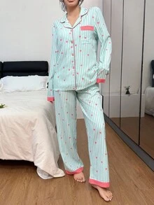 Dream Adore Striped Heart Patchwork Collar Top And Pants Pajama Set Flamingo Pajamas Striped Pajama Set Kawaii Pajamas Comfy Pajamas Set, Fall Winter Clothes - Mint Green - View 5