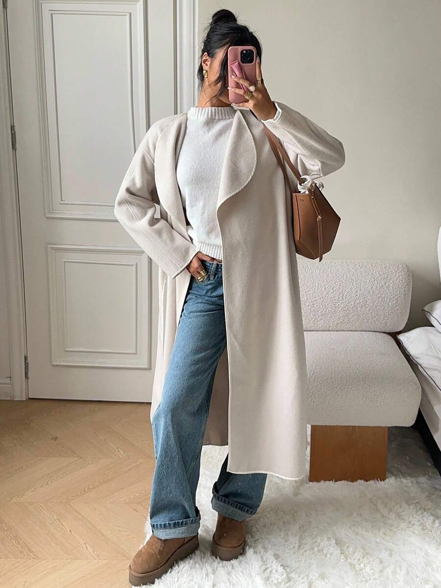 SHEIN EZwear 杏色梭织女式优雅长袖翻领大衣 - 杏色 - 查看 1