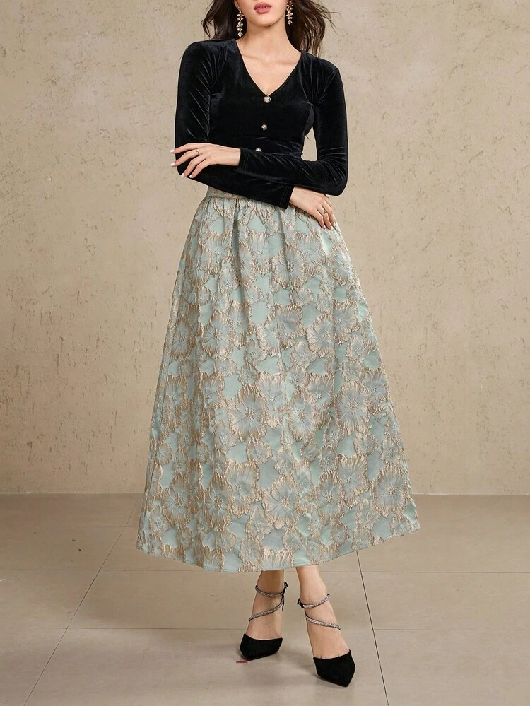 Women's Solid Color Button Design Long Sleeve Cropped Top And Jacquard Skirt Elegant 2-Piece Set