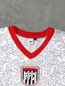 THE POWERPUFF GIRLS X SHEIN 女式休闲时尚街头卡通火焰印花 V 领撞色边 T 恤，夏季 - 白色 - 查看 3