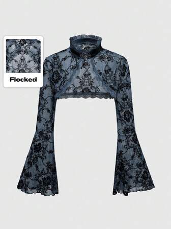 Goth Cárdigan superior retro de mujer con mangas acampanadas y abertura, con estampado de vid flocado, de estilo gótico y versátil