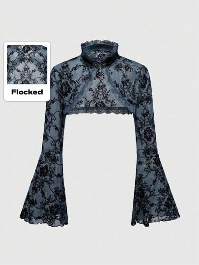 Goth Cardigan femme rétro à manches évasées et fente, avec motif de vigne floqué