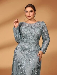 Serin Plus Size Elegant Luxury Gray Boat Neck Sheer Long Sleeve Heavily Embroidered Pearl & Rhinestone Decorated A-Line Mother Of The Bride Dress