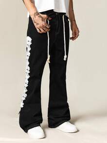 ROMWE MEN Men's Casual Avant Street Style Drawstring Layered Flare Leg Jeans - Black - View 6