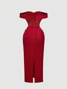 SHEIN MOD 红色亮片露肩开衩连衣裙 - 紅色 - 查看 2