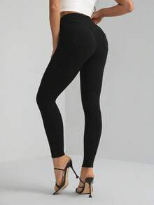 SHEIN Tall 女款休閒純色修身長褲，適合上班與通勤，高個女性適用 - 黑色 - 查看 6