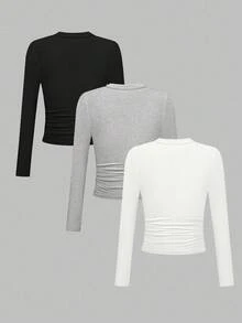 SHEIN LUNE Multiple Pieces Casual Versatile Solid Color V-Neck Ribbed Long Sleeve T-Shirt - Multicolor - View 2