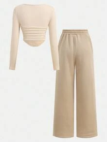 Girlism 青少年女孩返校休闲运动街头服饰卡其色套装，长袖短款褶饰 T 恤和直筒运动裤 - 卡其色 - 查看 2