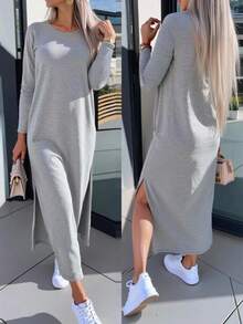 INAWLY 女式纯色圆领长袖开衩下摆休闲连衣裙 - 灰色 - 查看 1