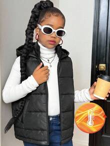 SHEIN Tween Girl Casual Daily Black Hooded Front Zipper JacketAutumn Clothing Fall Winter - Black - View 1