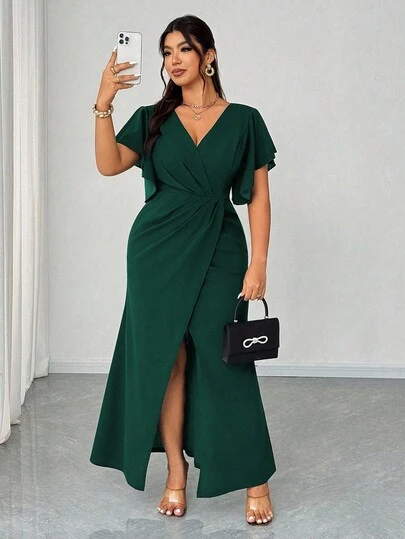 Elenzga Vestido de cóctel, fiesta de boda o invitado de boda con escote en V, mangas con volantes, ajustado a la cintura y bajo de cola de sirena, elegante y romántico, talla grande, para primavera/otoño