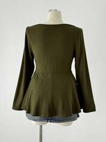 Sunspun Áo thun tay dài cổ chữ V ren xanh tương phản cỡ lớn dành cho nữ - xanh quân đội - Xem 2