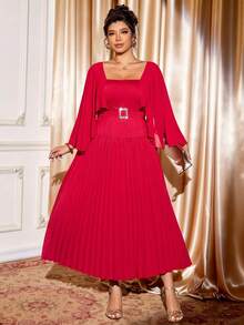 Cravure Christmas Ruffle Sleeve Pleated Flare Dress - Red - View 6