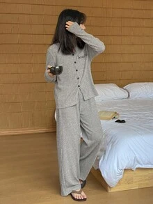 DAZY Tween Girl Letter Embroidered Button Front Long Sleeve Top And Pants Pajama Set - Khaki - View 1