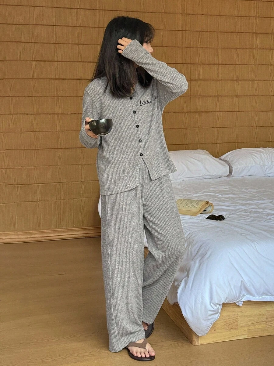 DAZY Tween Girl Letter Embroidered Button Front Long Sleeve Top And Pants Pajama Set - Khaki - View 1