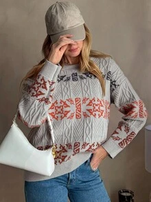 Vivie Lora Suéter feminino de corte solto e cores contrastantes, outono/inverno - Caqui - Ver 3