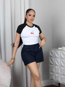 Melissa Matos Casual Black & White Cherry Pattern Crew Neck Fitted Cropped Short Sleeve T-Shirt, Suitable For Summer Suitable For Going Out - Black and White - View 5