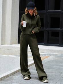 SHEIN Tall Tall Zip Up Drop Shoulder Cardigan & Knit Pants - Army Green - View 4