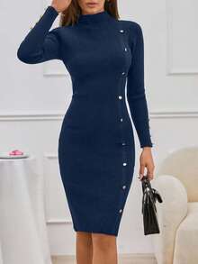 EURMUSE Vestido de suéter con cuello alto y botones delanteros sin cinturón - Azul Marino - Ver 6