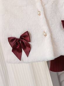 2pcs/Set Toddler Girls' Cute Bow Decor Vest & Dress Outfit, Velvet Ribbed Solid Color Dress With Contrast Color Cardigan Vest, Spring/Autumn Girl S Spring And Autumn Dress Kids Pleated Skirt Sets Girls Skirts Sets Burgundy Dress Kids Girl Autumn And Winter Young Girls Dressse