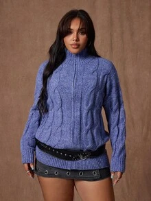 Rustia Chaqueta de punto con cremallera de talla grande, corte holgado, nueva llegada de otoño/invierno - Azul - Ver 7