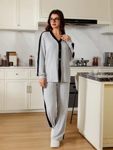 SHEIN Doze Lane 2件套女士休闲格子纽扣前襟撞色包边长袖上衣和裤子睡衣套装家居服女士针织睡衣套装，舒适保暖，秋冬服装 - 淺灰色 - 查看 3