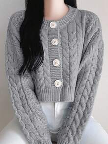 DAZY Women's Short Cardigan Sweater, Autumn/Winter - Grey - View 6