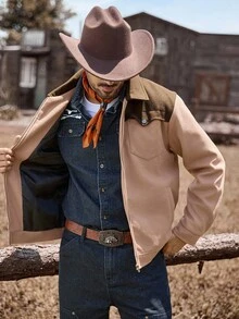 Manfinity Nomadique Men's Contrast Color Zipper Collar Casual Jacket Men Brown Jacket Men Zip-Up Jacket Men Brown And Tan Jacket Western Jacket , Fall Winter - Khaki - View 6