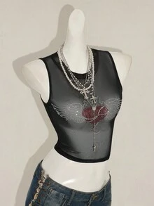 SHEIN ICON Women's Y2k Black Rhinestone Decor Sheer Sleeveless Crew Neck Camisole Top - Black - View 8