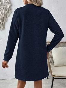 EMERY ROSE Váy suông rộng tay dài màu trơn họa tiết thường ngày cho nữ - Xanh đậm - Xem 2