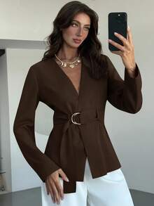 Aloruh Women's Solid Color Ring Decor Fitted Elegant Long Sleeve Blazer Autumn Winter Clothes For Women - Brown - View 5