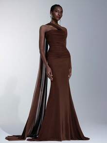 Elitara Elegant Brown Strapless High Stretch Glossy Mesh Ruched Fishtail Asymmetric Shoulder Hanging Flounce Dress, Suitable For Dates, Weddings, Events, Bridesmaid - Brown - View 6