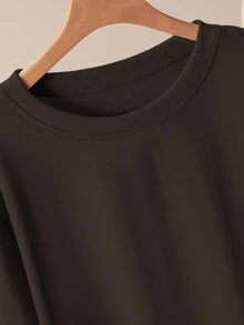 Lacomfia Casual Solid Color Round Neck Patch Sleeve Loose Regular Sweatshirt, Plus Size, Spring/Autumn - Brown - View 6