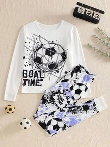 1 套青少年男童睡衣，彩色上衣，带有黑白足球图案和“GOAL TIME”文字，配套足球主题裤子，带有“GAME TIME”文字，长袖，撞色饰边，紧身家居服套装 - 黑色 - 查看 5