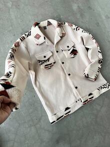 Manfinity Homme 全新秋冬休闲羊羔绒拼布时尚夹克衬衫 - 杏色 - 查看 6