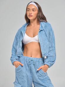 Menodora SHEIN Sport Women's Cozy Fuzzy Blue Hoodie Set, Ultra-Soft Plush Fabric, Front Zip Closure, Drawstring Hood, Warm Pockets, Comfortable Loungewear,Suitable For Winter - Blue - View 5