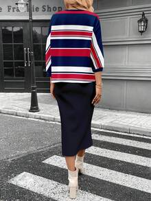 SHEIN LUNE Women's Casual Navy Style Striped Contrast Color 2 Pieces Set, Suitable For Autumn/Winter - Multicolor - View 2
