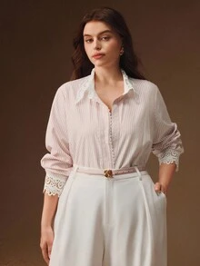 Anewsta Áo cánh nữ cỡ lớn họa tiết ren vá sọc thanh lịch, áo sơ mi thời trang cho năm mới và Giáng sinh - Màu Hồng  San hô - Xem 5