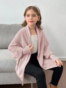 SHEIN Cardigan ample à manches chauve-souris décontracté pour préadolescentes, convient pour la maison, les sorties et l'école, automne/hiver - Rose pâle - Voir 3