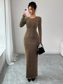 Elenzga 女式水钻装饰修身长裙 - 金色 - 查看 4